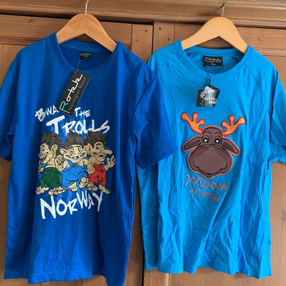 Lot of two Norway T-Shirts, Kids size 6-8, Brand New, with tags Trolls & Moose
